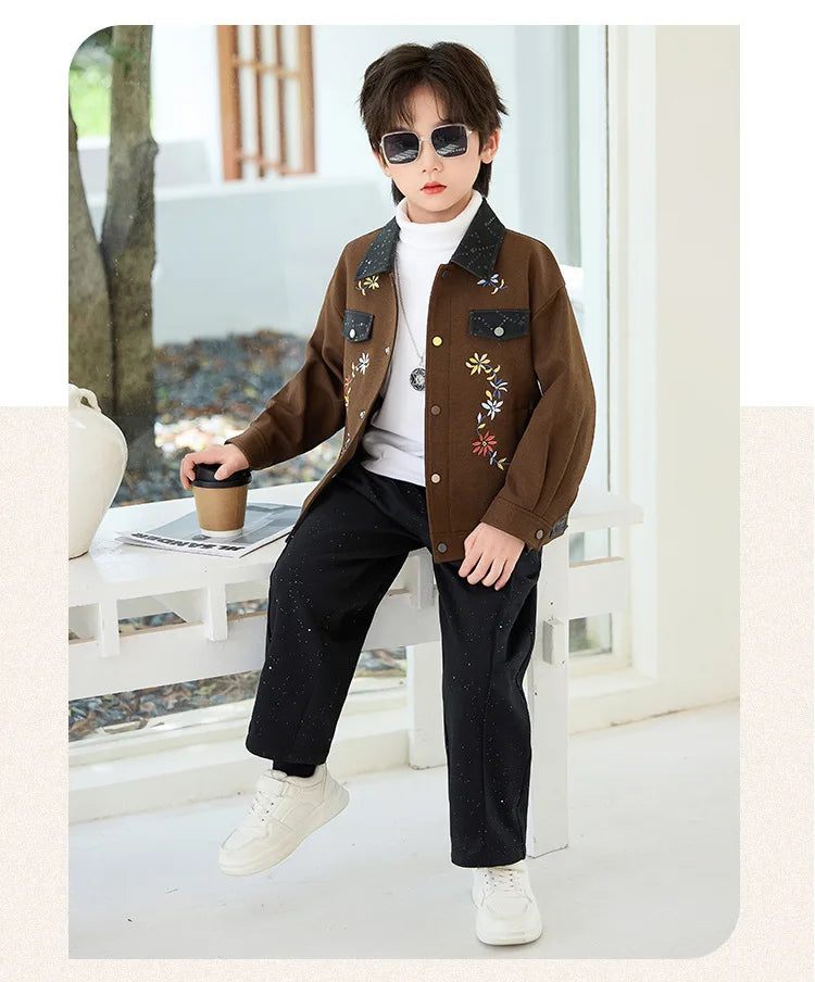 2026 New Autumn Winter Boys' Embroidered Suit Set 90-170 Children's Casual Jackets Pants 2Pieces Clothing Set