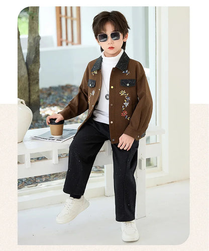 2026 New Autumn Winter Boys' Embroidered Suit Set 90-170 Children's Casual Jackets Pants 2Pieces Clothing Set