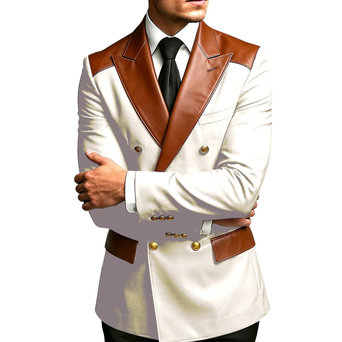 Luxury Men's Colorblock Leather Blazer Double Breasted Notched Lapel Business Casual Suit Jacket Fashion Formal Wear for Wedding