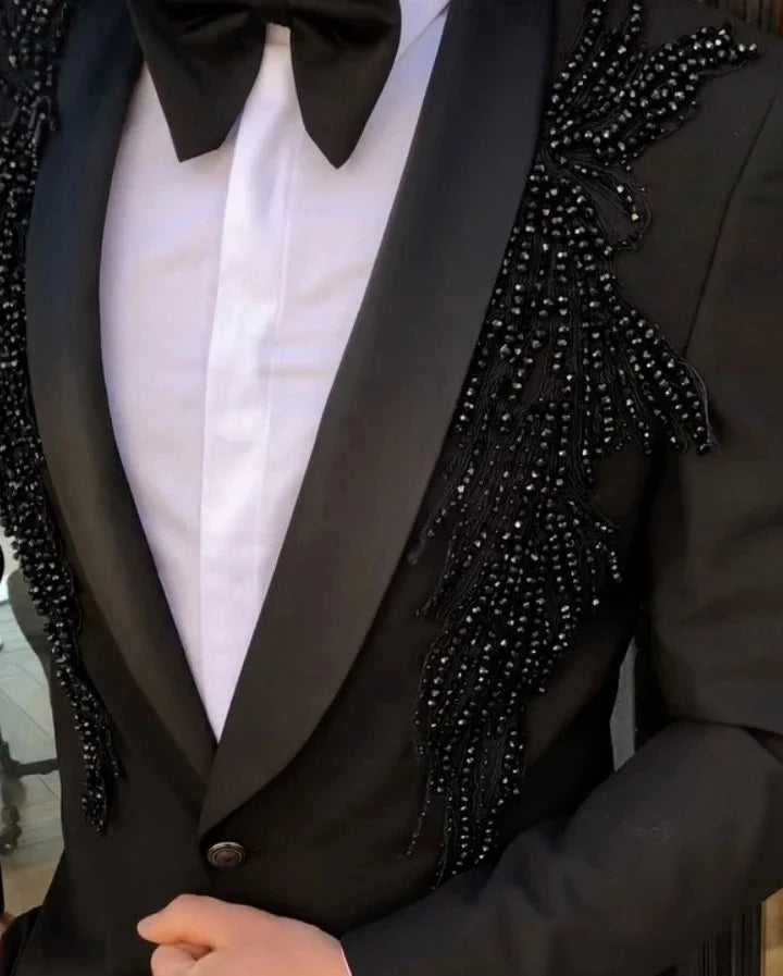 Luxury Men's Suit 2 Pieces Blazer Pants One Button Sheer Lapel Satin Business Beads Formal Work Wear Wedding Groom Costume Homme