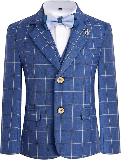 Gentleman Kids Blue 4Piece/Set Jacket Vest Pants Bowtie Photograph Suit Boys Piano Dress Children Graduation Performance Costume