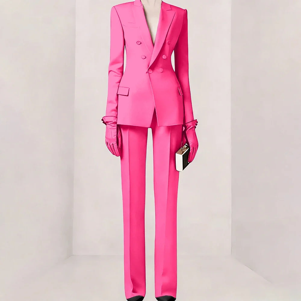 Purple Women Suit Double-breasted Peaked Lapel Two Pieces(Jacket+Pants) Modern Fashion Slim Business Office Lady Set Custom
