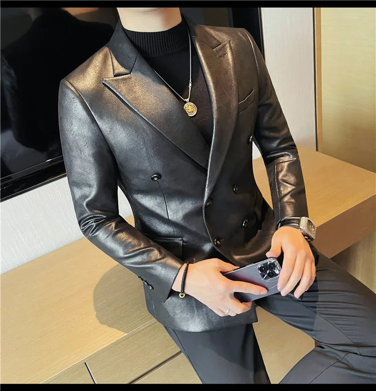 Brand Retro Leather Suit Jacket Men British Style Double Breasted Casual Business Blazers Wedding Groom Party Banquet Jackets