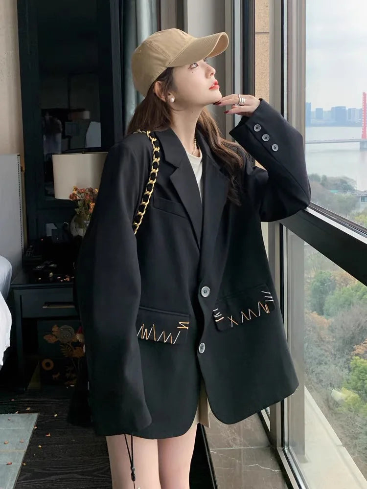 Spring Autumn New Women's Blazer Notched Collar Single Breasted Pockets High-End Elegant Fashion Office Lady Jacket HK13904