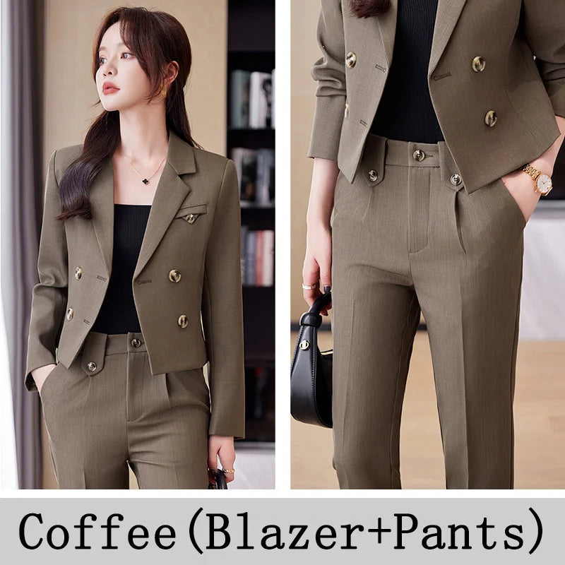 Blue Suit Women 2024 New Spring High End Fashion Temperament Professional Short Blazer And Pants Sets Office Ladies Work Wear