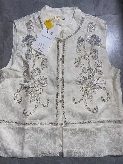 High-end Femme Embroidery Vest Outwear Spring Summer Women Solid Color Waistcoat Coat Ladies Nail Bead Glitter Sleeveless Jacket