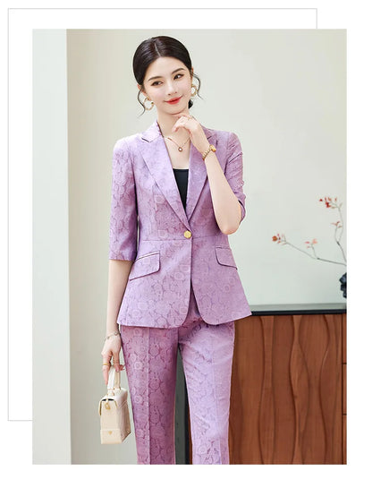 Fashion Purple Half Sleeve Professional Suit Women New Summer Elegant Formal Slim Blazer And Pants Office Ladies Work Wear
