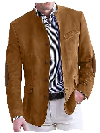 Vintage Men's Suede Blazer Elbow Patch Slim Fit Mandarin Collar Textured Fabric Jacket Business Casual Wedding Party Coat
