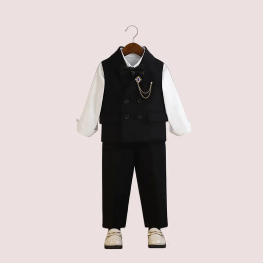Children's Black Suit Set Boys Wedding Birthday Party Performance Costume Kids Vest Pants Bowtie Brooch 4Pieces Clothes Set