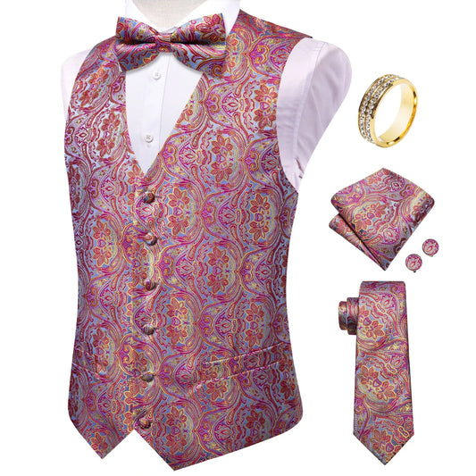 Men's Vest 6-Piece Matching Set – Paisley Waistcoat with Necktie, Bowtie & Accessories for Prom & Banquets