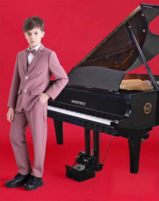 Children's 4Pieces Pink Suit Set With Jacket Vest Pants Bowtie Flower Boys Wedding Outfit Kids Piano Host Performance Costume