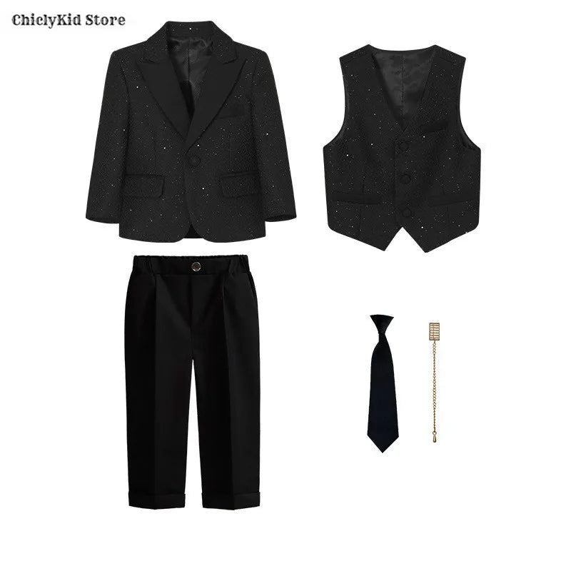 High Quality Boys Shiny Wedding Suits Kids Morning Coat Formal Dress Child Tuxedos Blazer Clothes Sets Toddler School Uniforms