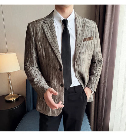 Korean Trend 3D Pleated Suit Jacket for Men Wedding Groom Business Dress Jacket Casual Banquet Party Host Blazer Masculino