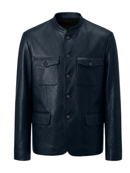 Men Premium Leather-Like Stand Collar Jacket Single Breasted Casual Multi-Pocket Slim Fit Business Outerwear