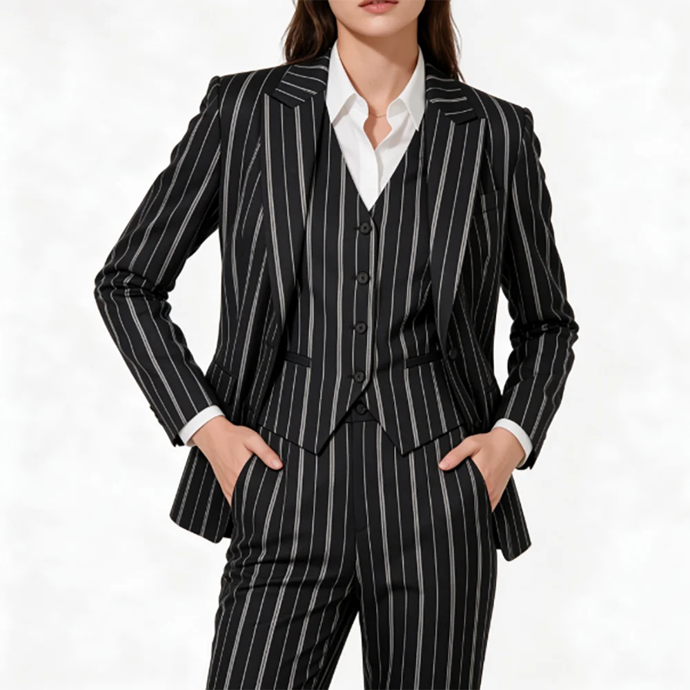 Timeless ClasWomen 3 Piece Striped Suit Black Single Breasted Blazer Vest Pants Set Peaked Lapel Formal Business Wedding Outfit