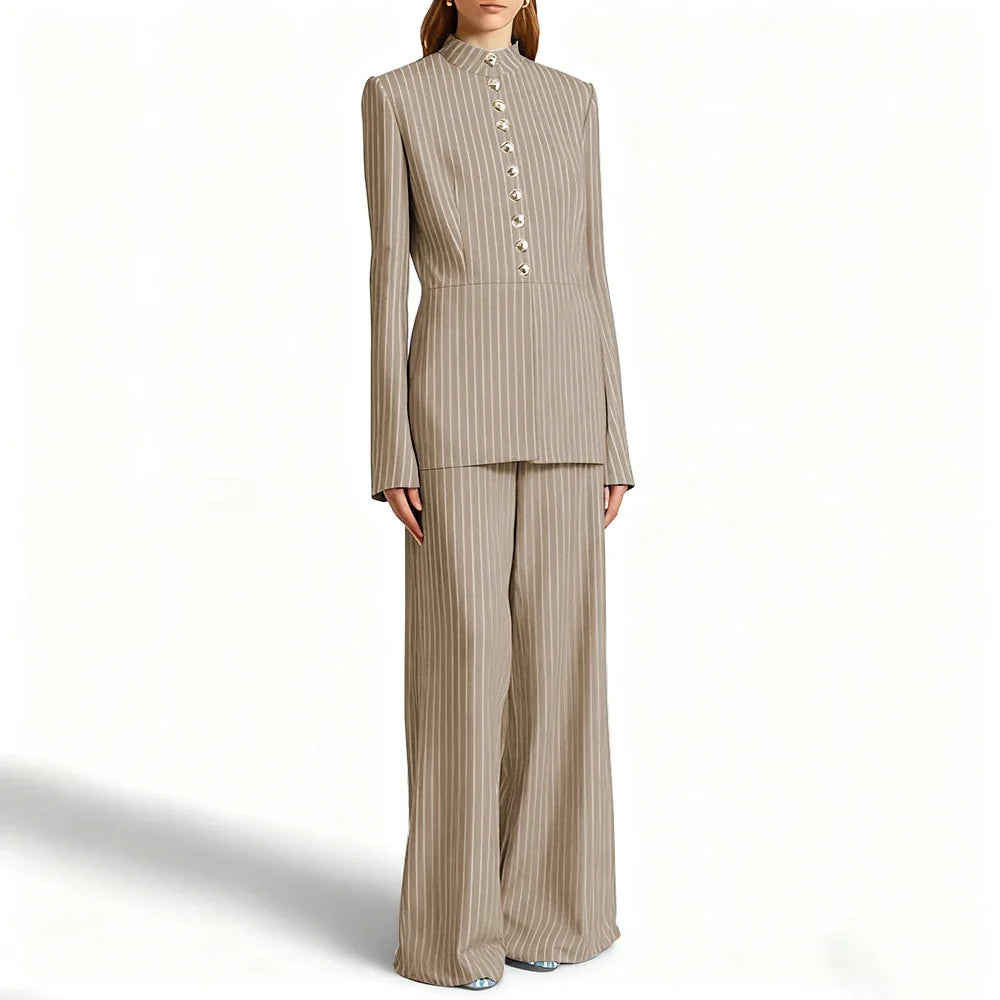 Elegant Women's Suits Pinstripe Two-piece(Jacket+Pants) Set with Stand Collar Gold Single Breasted Business Office Lady Outfit