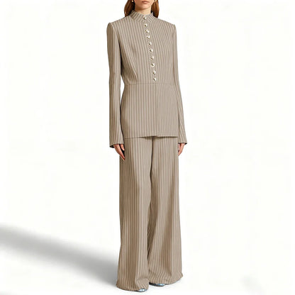 Elegant Women's Suits Pinstripe Two-piece(Jacket+Pants) Set with Stand Collar Gold Single Breasted Business Office Lady Outfit
