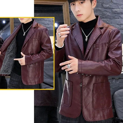 Men's Faux Leather Blazer Jacket Autumn Winter Warm Fleece Lined Casual Versatile Outerwear