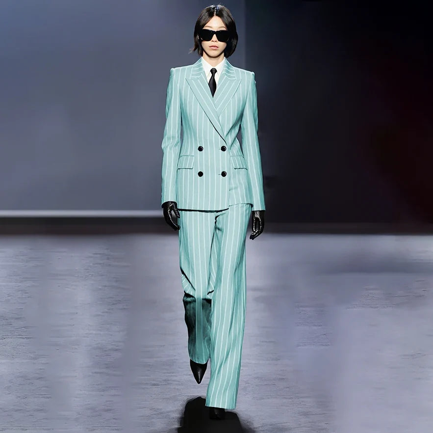 Dark Blue Stripes Women Suit Customized Double-breasted Peak Lapel Two Pieces(Jacket+Pants) Business Office Lady Competent Set