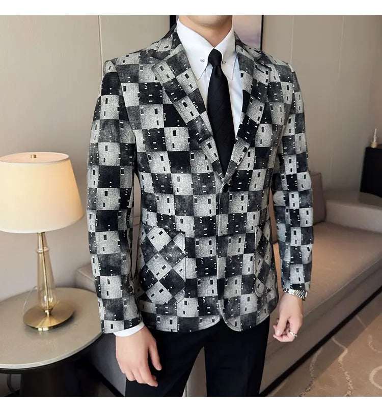 Korean Jacquard Denim Jacket for Men Autumn Winter Casual Business Men Blazers Slim Fit Wedding Social Dress Coat Men Clothing