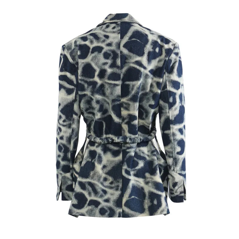 2026 Spring Autumn New Women's Blazer Tie-dye Single Button Pockets Waist Cinching Elegant Coats Retro Denim Jacket HK18495