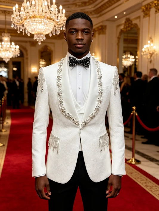 Jacquard White Men's Beaded Suits 3 Pieces Wedding Birthday Party Wear Formal Slim Fit Suit Set For Stage Performance S-3XL