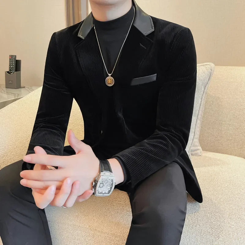 Autumn Winter Corduroy Suit Coat For Men Korean Elegant Slim Fit Business Formal Dress Coats Groom Wedding Tuxedo Suit Jacket