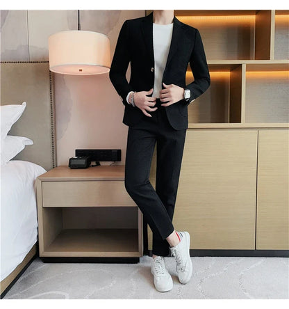 2025 New Waffle Blazers +Pant 2 Piece Set Men Fashion Business Slim Fit Solid Tuxedo Groom Wedding Prom Wear Casual Men's Sets