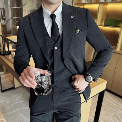 Men's 3 Piece Suit Set Double‑Button Solid Color Slim Fit Business Casual Wedding Banquet Party Jacket Vest Pants Formal Outfit