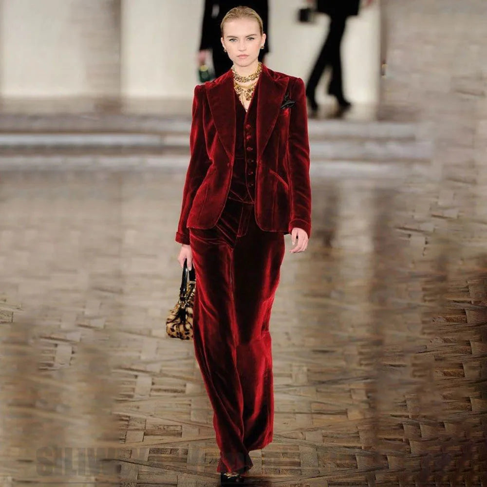 Women's Burgundy Velvet Three Piece Suit Luxury Formal Blazer Vest Wide Leg Pants Set Fashion Daily Casual Party Evening Wear