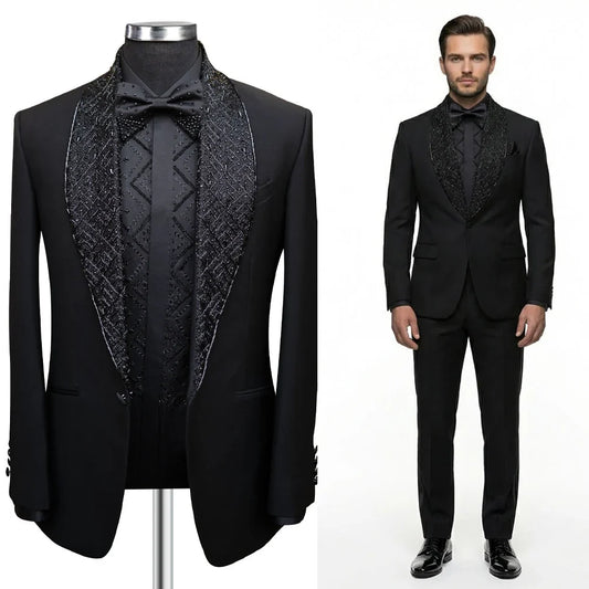 Modern Men's Suits Beads Sheer Lapel 2 Pieces Blazer Pants Business Formal Work Wedding Groom Tuxedo Customized Costume Homme