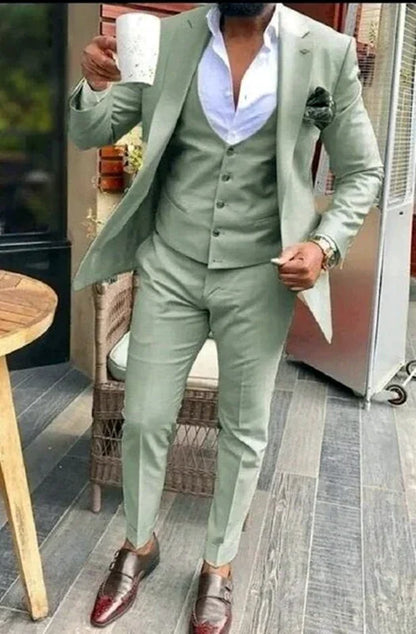 Ensemble de 3 pièces pour homme, costume vert ajusté, formel, d'affaires, décontracté, pour mariage, bal de promo (veste + pantalon + gilet)
