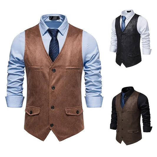 Men's Suede Vest Single Breasted V-Neck Waistcoat for Formal and Casual Wear