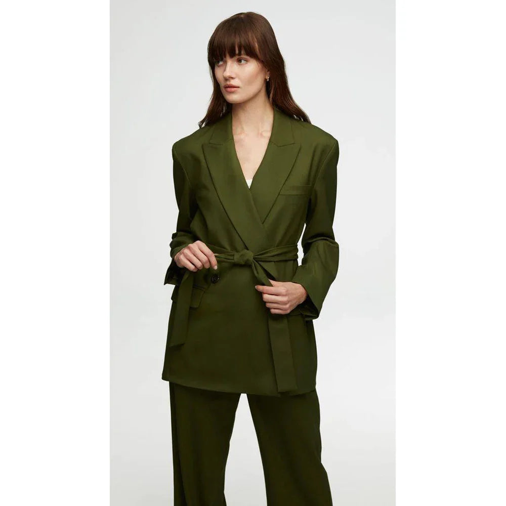 Fashionable Belt Design Green Women Pants Set High-end Female Two Pieces(Jacket+Trousers)أطقم بناطيل