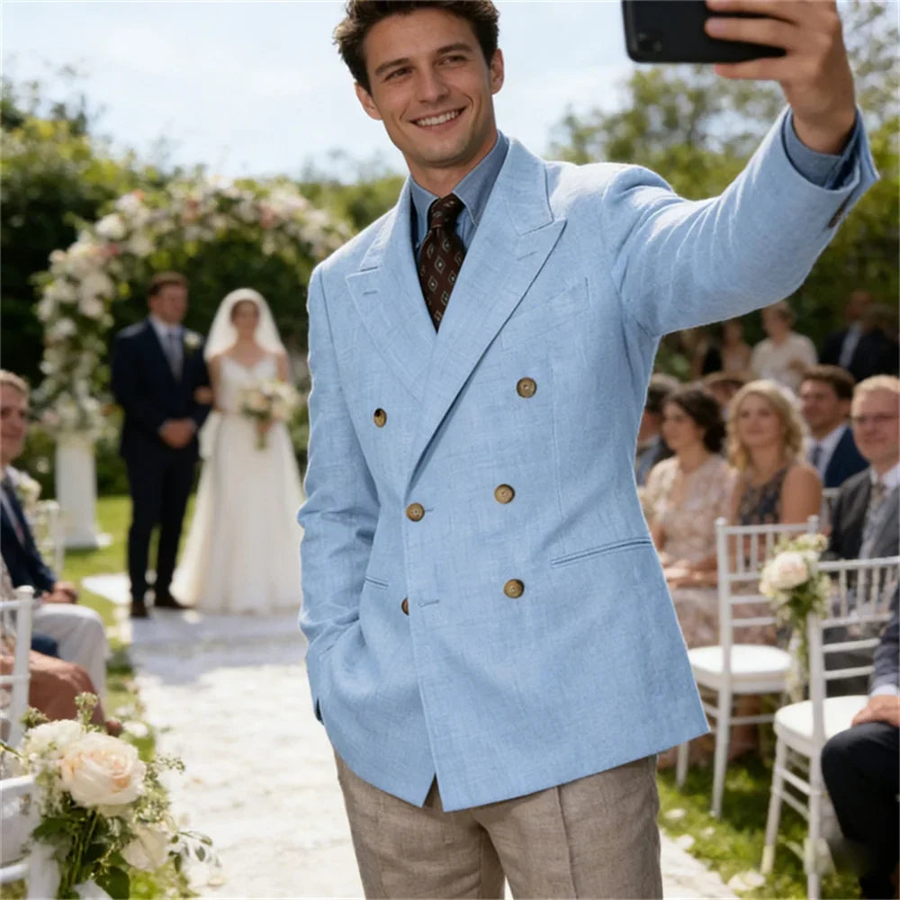 Men Linen Blazer Double Breasted Jacket Lightweight Soft Slim Coat For Business Wedding Casual Daily Party Vacation Dating