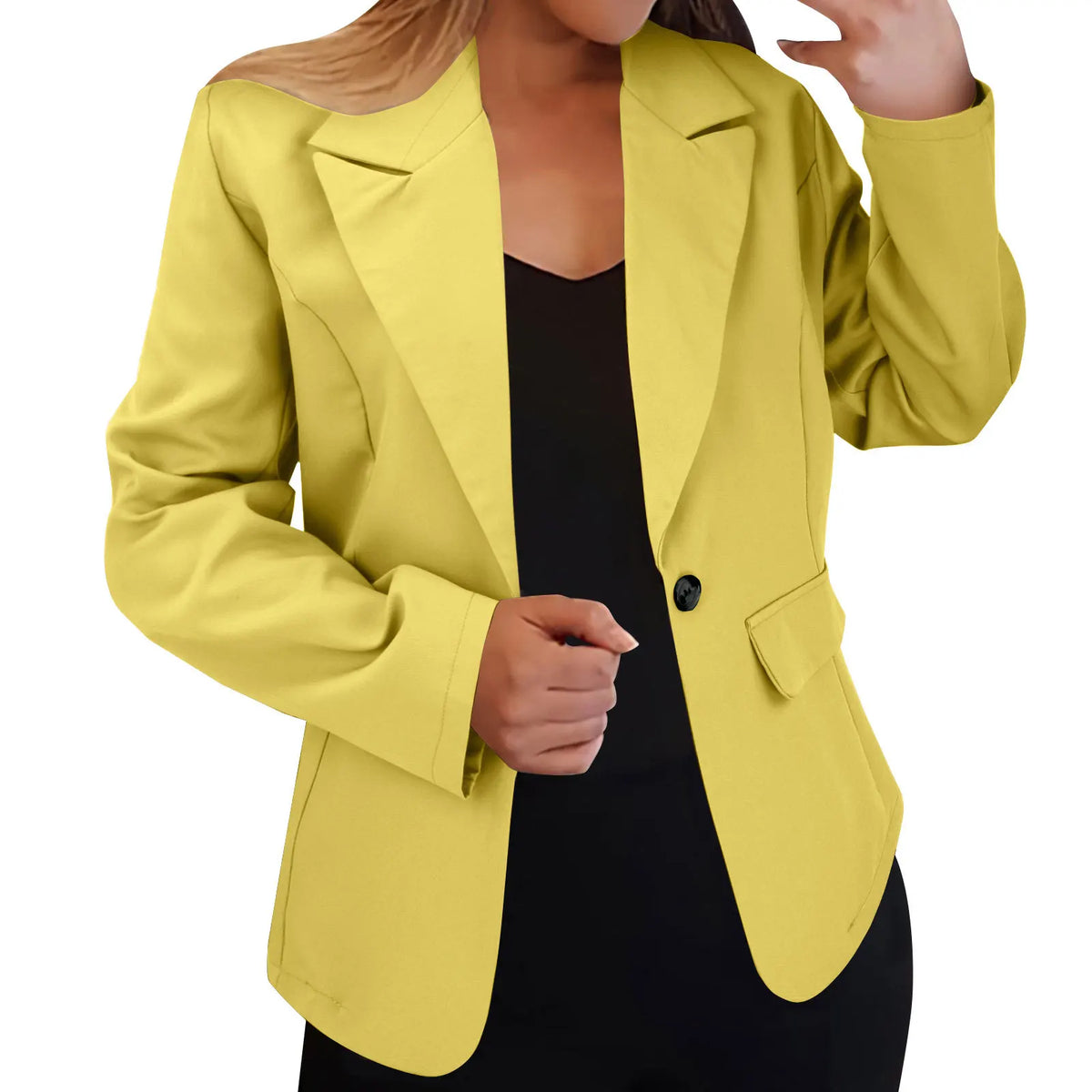 Women's Solid Color Single Button Blazer Autumn Long Sleeve Lapel Office Jacket Slim Fit Casual Workwear with Front Pockets