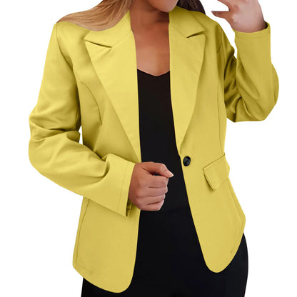 Women's Solid Color Single Button Blazer Autumn Long Sleeve Lapel Office Jacket Slim Fit Casual Workwear with Front Pockets