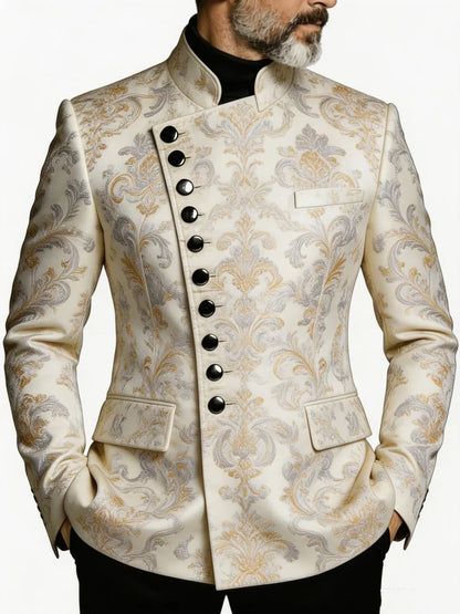 Men's Floral Jacquard Blazer Mandarin Collar Slim Fit Single Breasted Pattern Suit Jacket Fashion Wedding Party Formal Outerwear