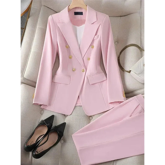 Women Suits Double Breasted Peak Lapel Casual Office Lady 2 Piece Solid Basic Fashion Business Casual Female Pants Sets 2025