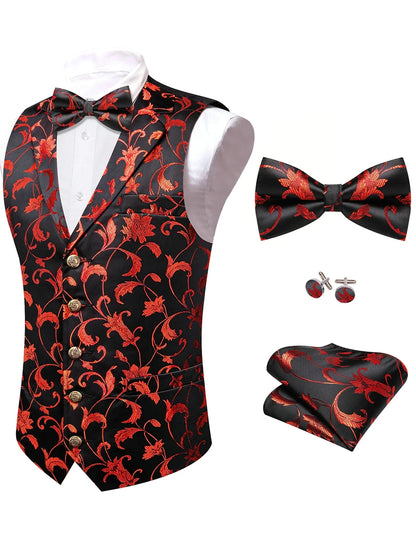 Men's Red Jacquard Floral Vest Notched Lapel Collar – Formal Waistcoat & Bowtie Set