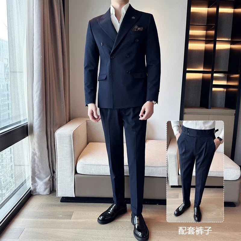 (Blazer + Trousers) Fashion Double Breasted Design Slim Men's Suit Italian Style Luxury Wedding Social Party Tuxedo 2 Piece Set
