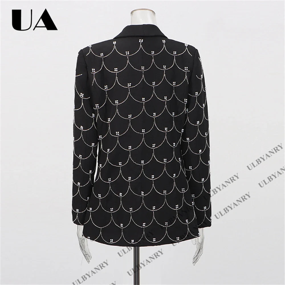 Women's Black Blazer with Silver Fish Scale Sequins, Slim Fit One Button Casual Business Jacket for Party Evening Prom