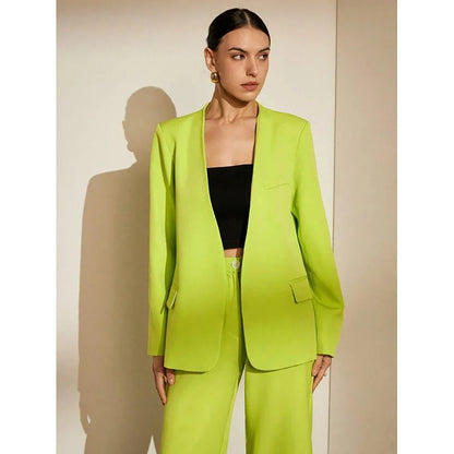 Chic Green V Neck Without Buckle Women Pants Set High-end Female Two Pieces(Jacket+Trousers)أطقم بناطيل