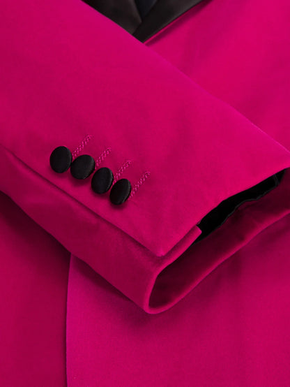 Fuchsia Solid Mens Tuxedo Blazer, Black Satin Shawl Lapel Single Button Slim Jacket for Wedding Banquet Stage Party