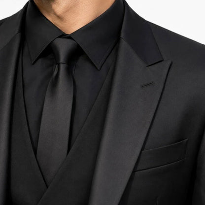 Men Suit Black 3 Piece With Bright Black Lapel Solid For Wedding Groom Birthday Banquet Party Business Work Jacket Vest Pants