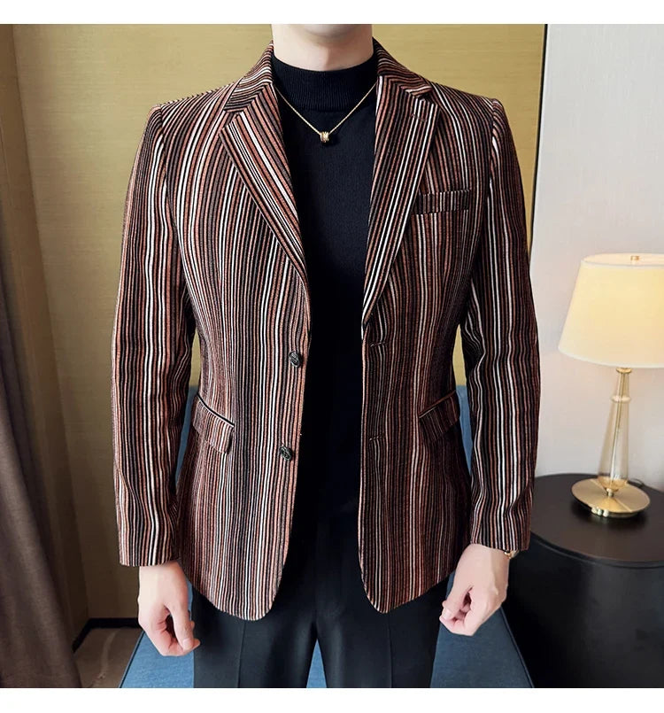 High Quality Plush Striped Fashion casual Suit Jacket Autumn Winter New Men Slim Fit Business Formal Social Prom Party Tuxedos