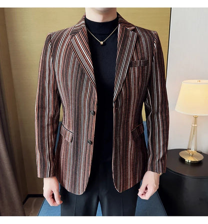 High Quality Plush Striped Fashion casual Suit Jacket Autumn Winter New Men Slim Fit Business Formal Social Prom Party Tuxedos