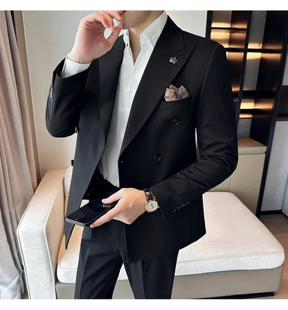 (Jacket+Pant) Fashion Double Breasted Design Men's Slim Fit Suits High Quality Italian Style Wedding Social Tuxedo Men Clothing