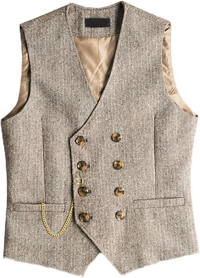 Men's Waistcoat Herringbone Double Breasted Vest for Wedding Banquet