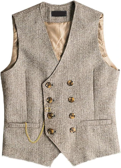 Men's Waistcoat Herringbone Double Breasted Vest for Wedding Banquet